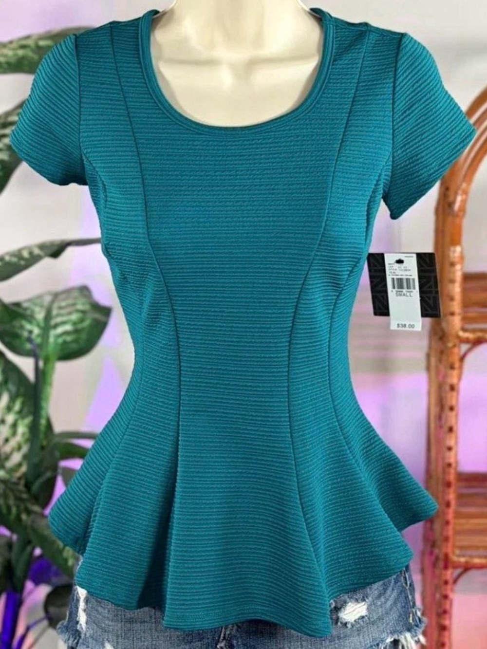 iZ Byer Women’s Teal Peplum Knit Stretch Top Scoop Neck Short Sleeve Size L